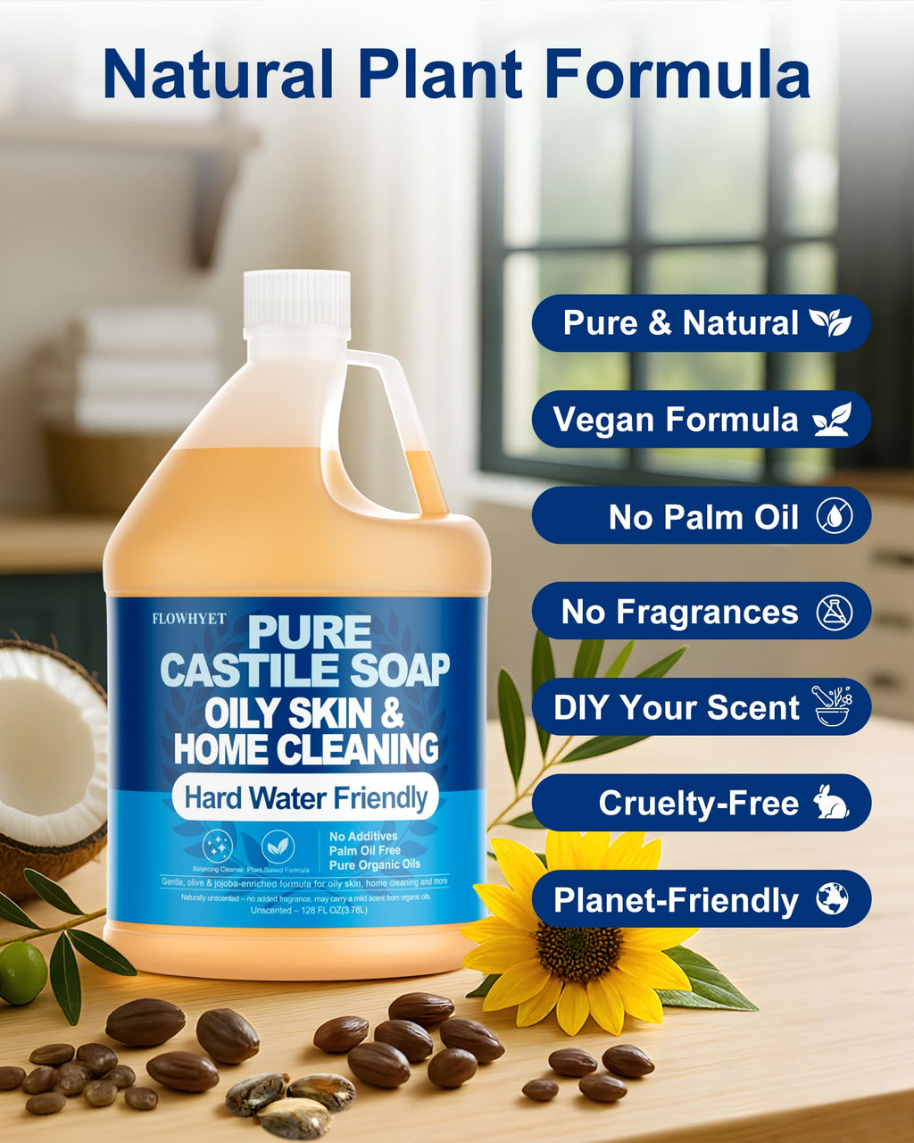 FLOWHYET Pure Castile Soap Liquid Unscented – 1 Gallon Refill | Organic Multi-Purpose Cleanser