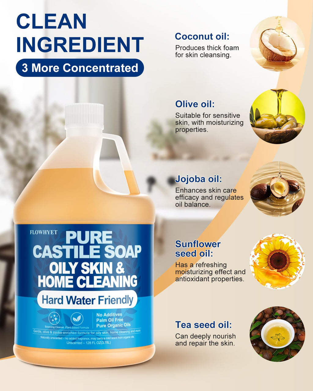 FLOWHYET Pure Castile Soap Liquid Unscented – 1 Gallon Refill | Organic Multi-Purpose Cleanser
