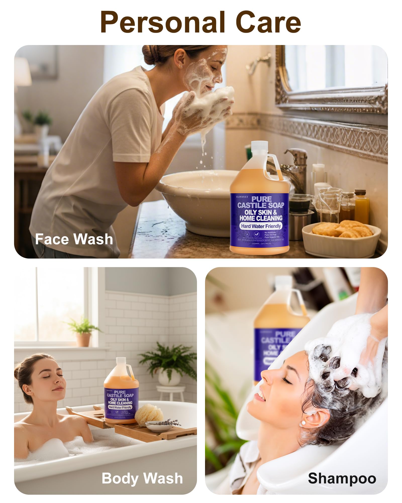 FLOWHYET Lavender Liquid Castile Hand Soap Refill – 1 Gallon, Plant-Based, Hard Water Safe