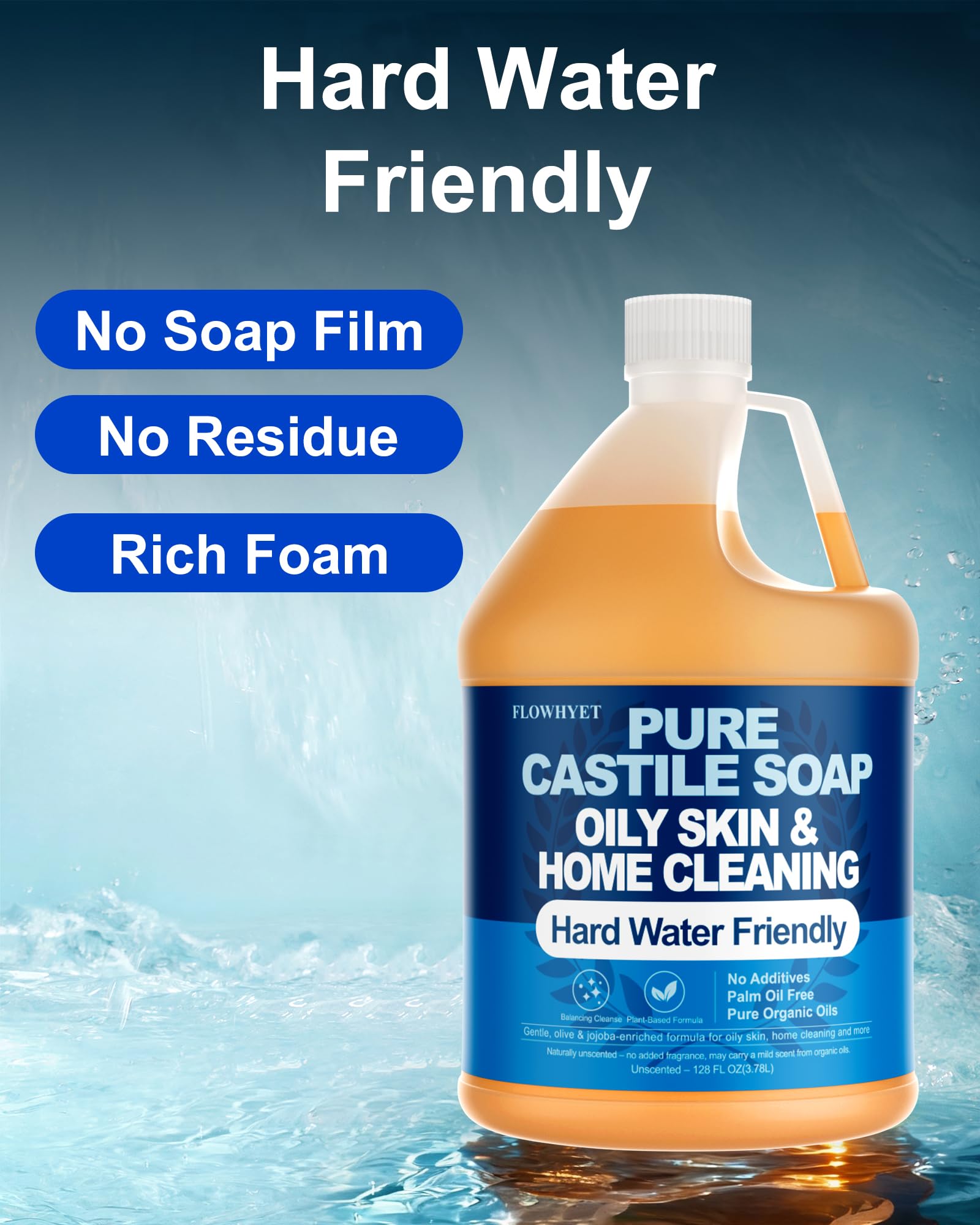 FLOWHYET 1 Gallon Pure Castile Soap – Unscented, Fragrance-Free, Hard Water Friendly, Multi-Purpose Cleaner