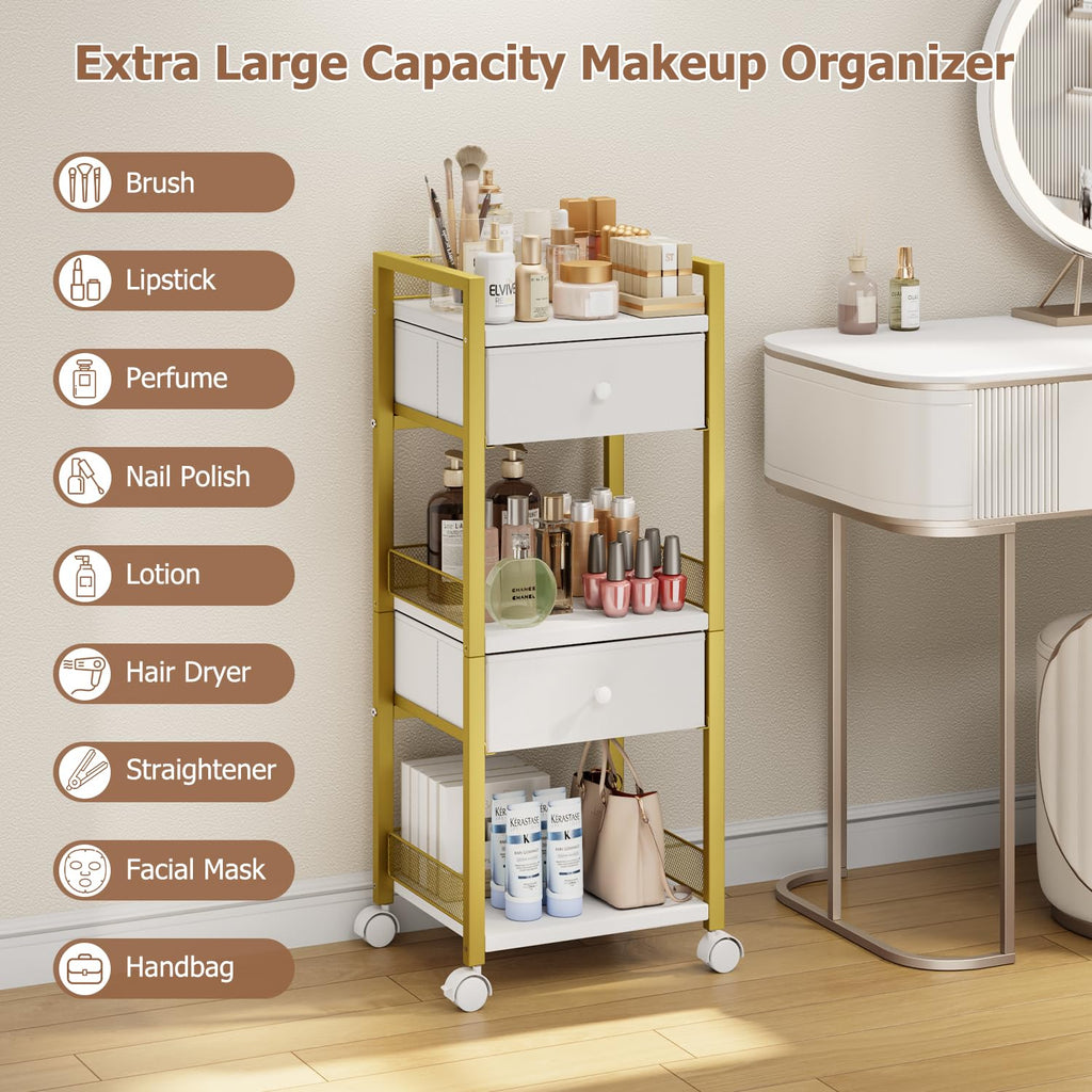 Flycity 5-Tier Rolling Makeup Cart with Drawers – Gold Vanity Organizer on Wheels