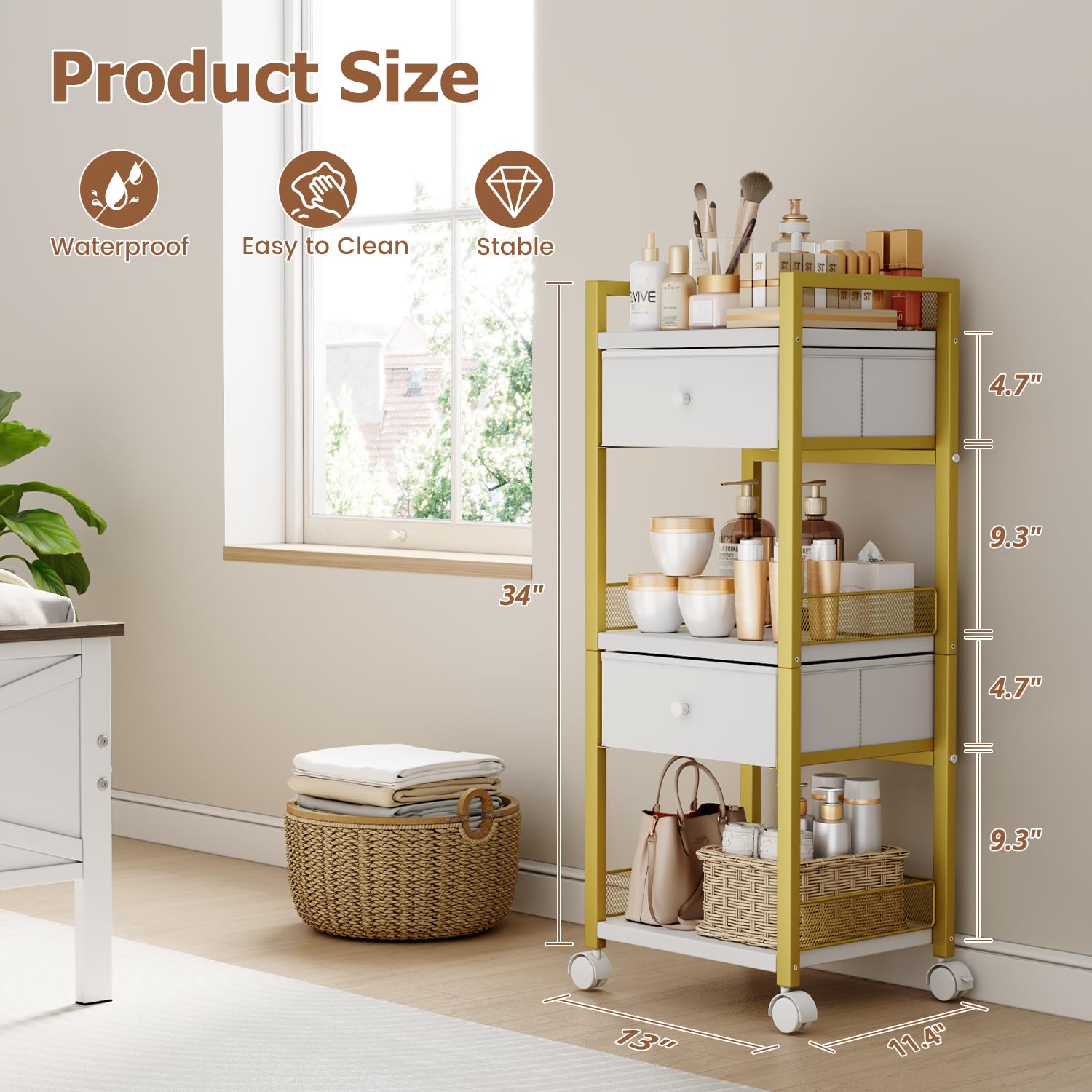 Flycity 5-Tier Rolling Makeup Cart with Drawers – Gold Vanity Organizer on Wheels