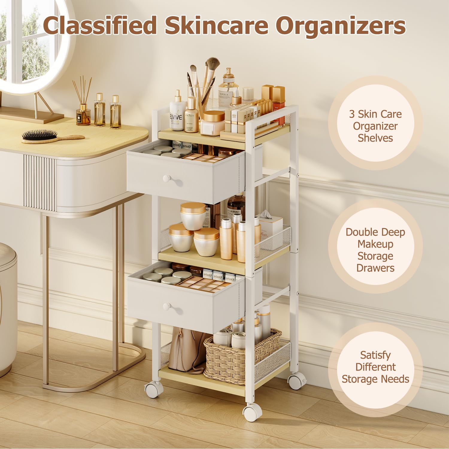 Flycity Makeup Organizer Cart with Drawers – 5-Tier Rolling Vanity, White