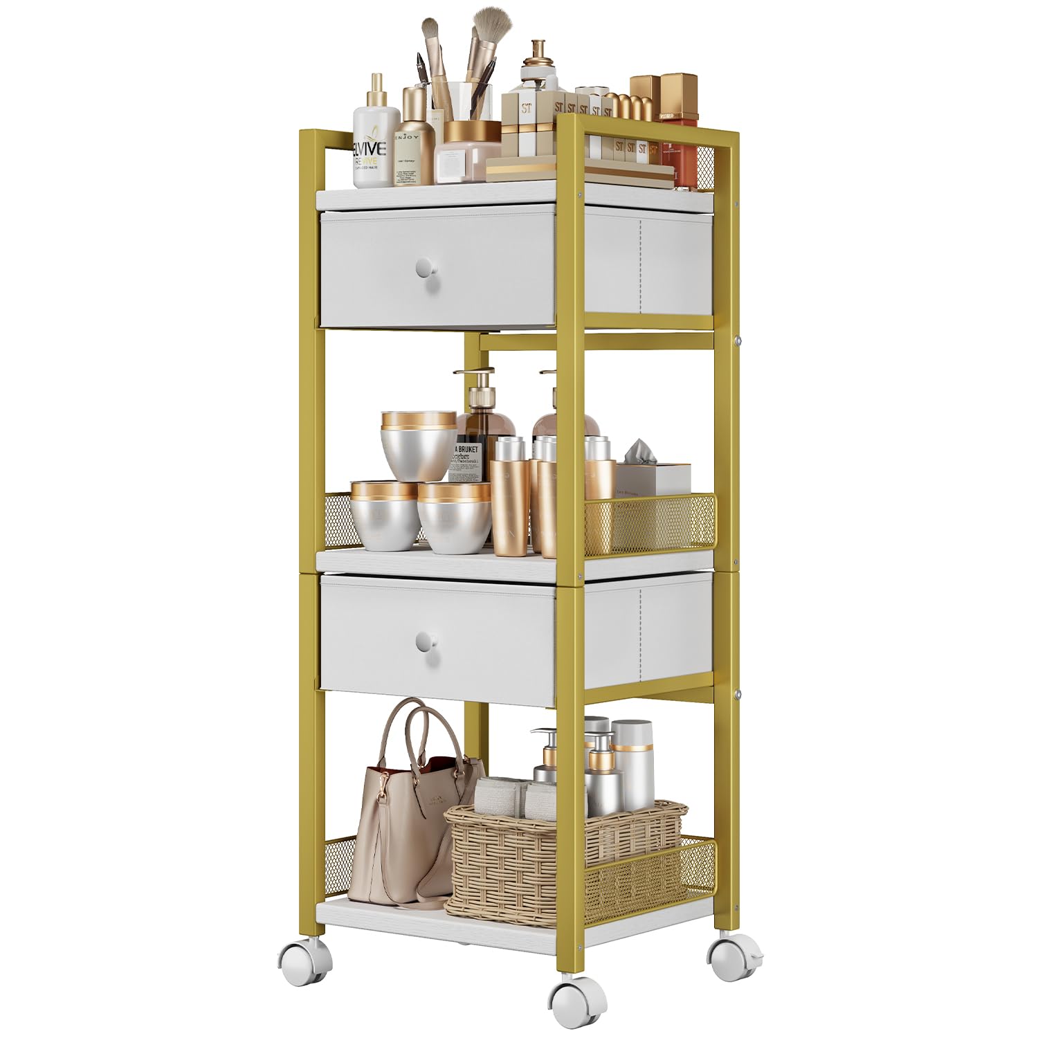 Flycity 5-Tier Rolling Makeup Cart with Drawers – Gold Vanity Organizer on Wheels