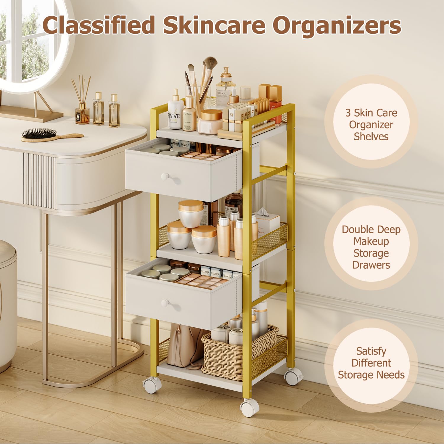 Flycity 5-Tier Rolling Makeup Cart with Drawers – Gold Vanity Organizer on Wheels