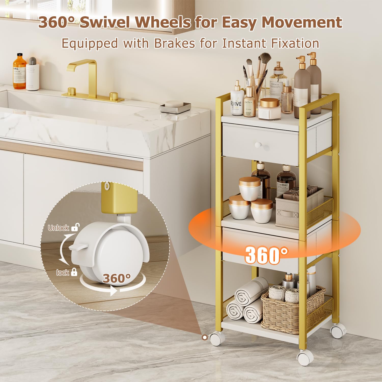 Flycity 5-Tier Rolling Makeup Cart with Drawers – Gold Vanity Organizer on Wheels