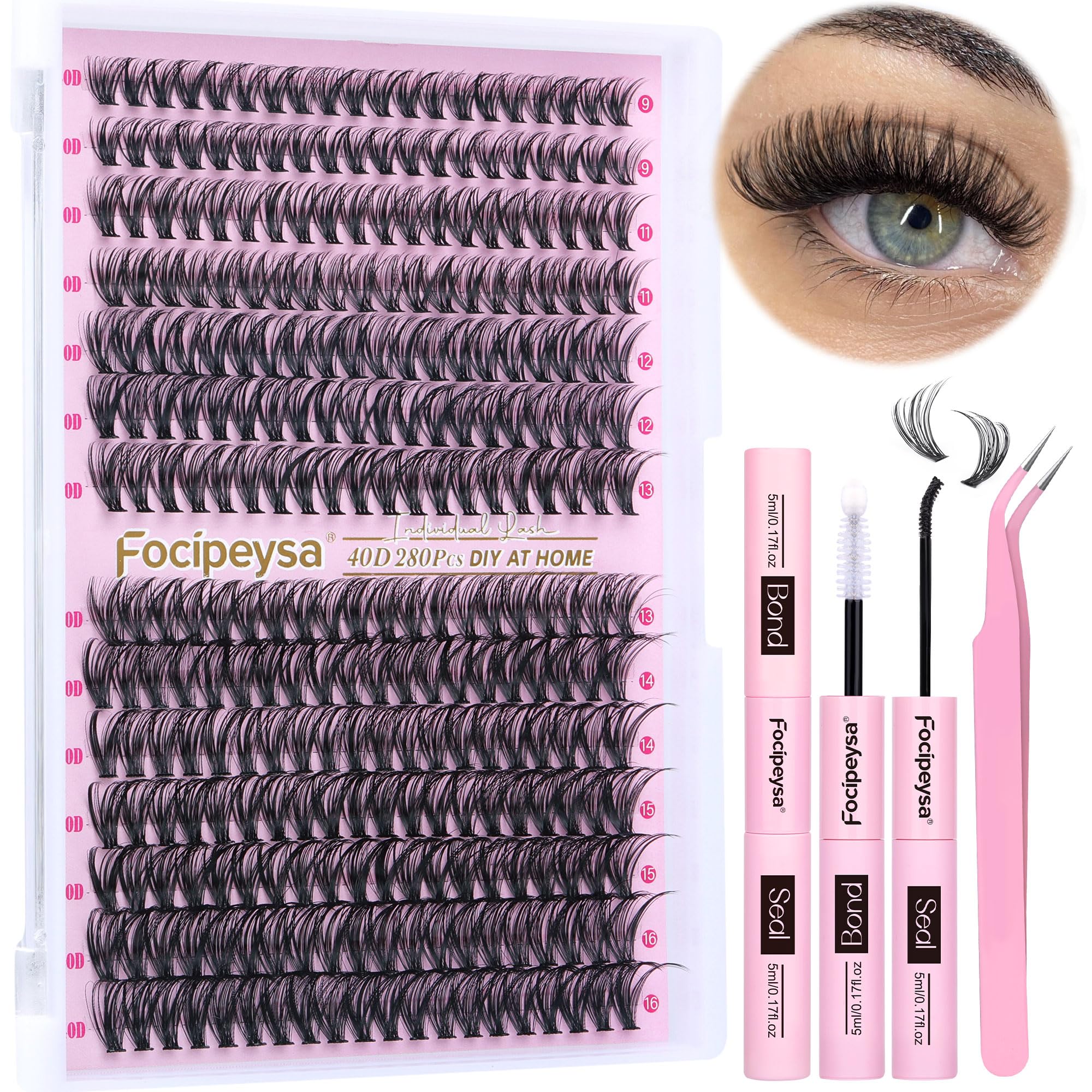 Focipeysa Eyelash Extension Kit – D Curl Clusters 280pcs for DIY Beginners