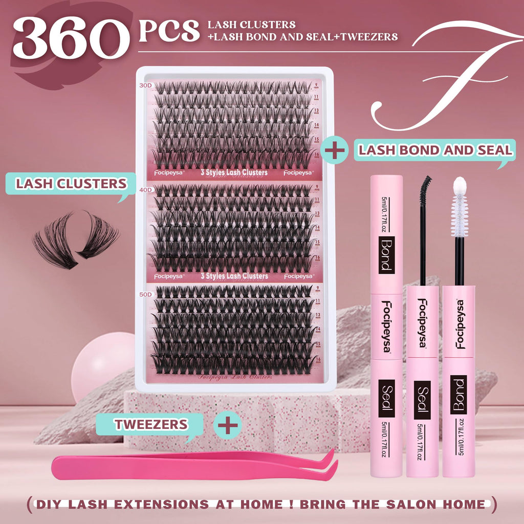 Focipeysa Wispy Lash Clusters 360pcs – DIY Eyelash Extensions 9–16mm 30D-50D