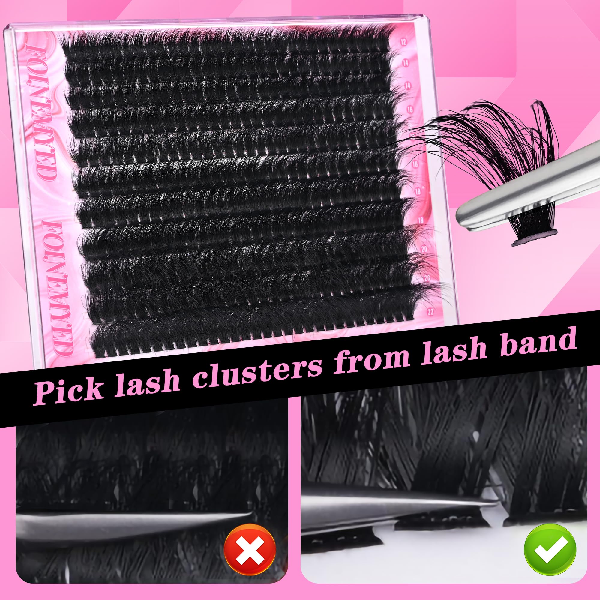 FOINEMYED Lash Clusters Kit 330Pcs, 200D Mega Volume Lashes, 12-22mm, DIY Lash Extensions