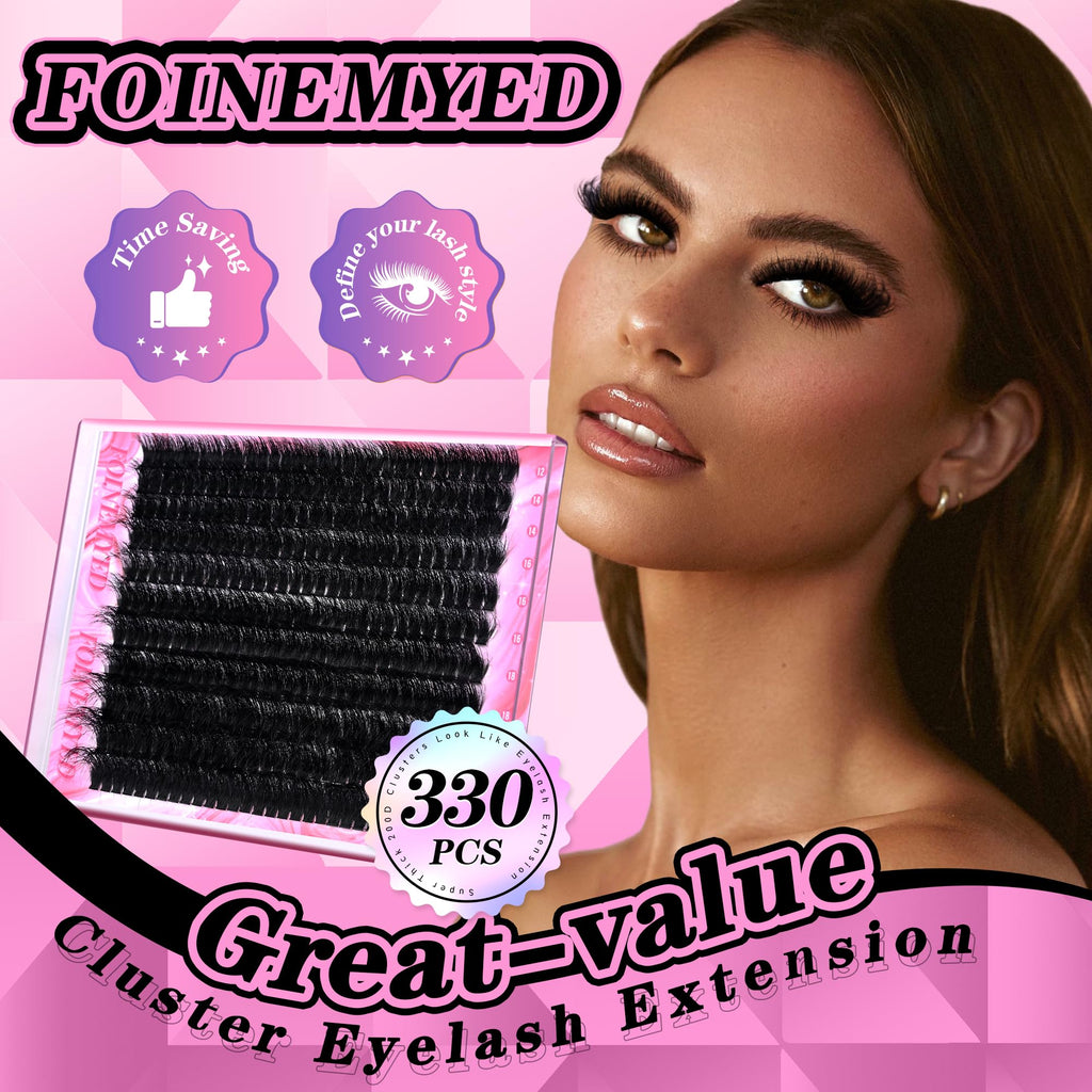 FOINEMYED Lash Clusters Kit 330Pcs, 200D Mega Volume Lashes, 12-22mm, DIY Lash Extensions