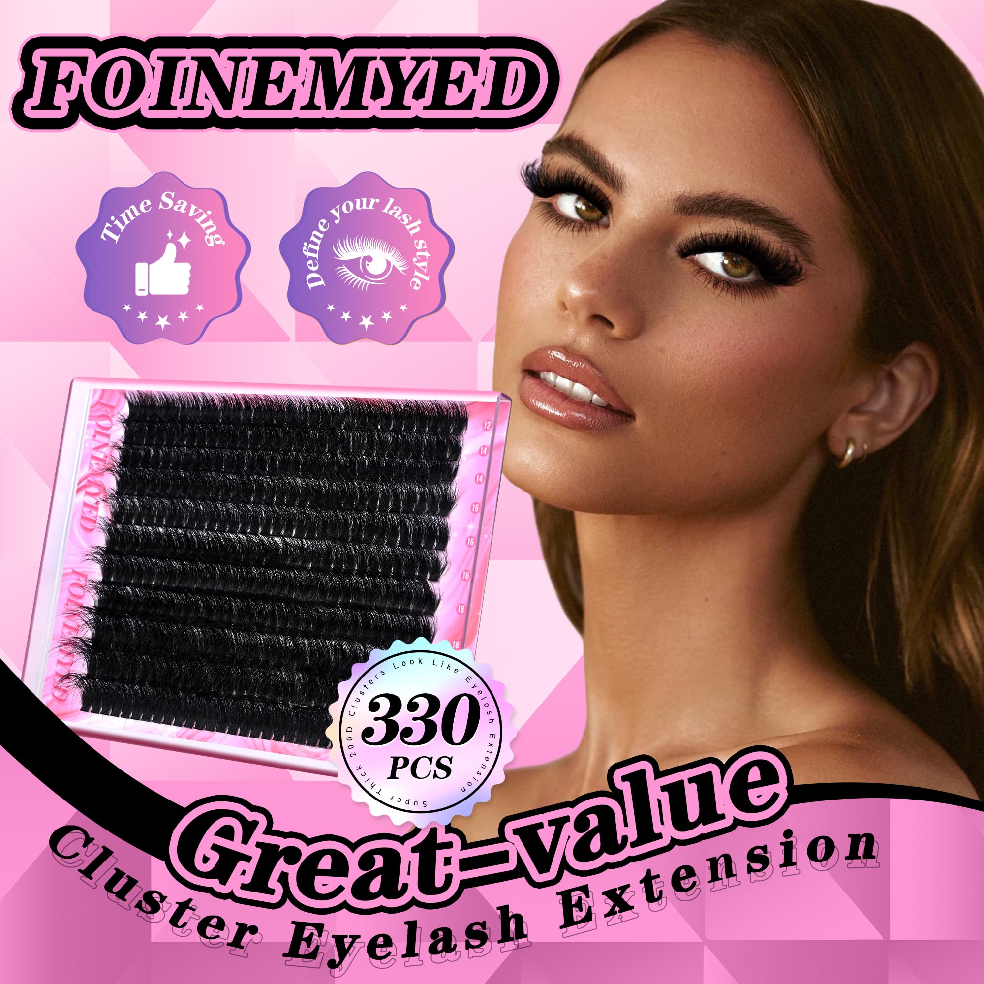 FOINEMYED Lash Clusters Kit 330Pcs, 200D Mega Volume Lashes, 12-22mm, DIY Lash Extensions