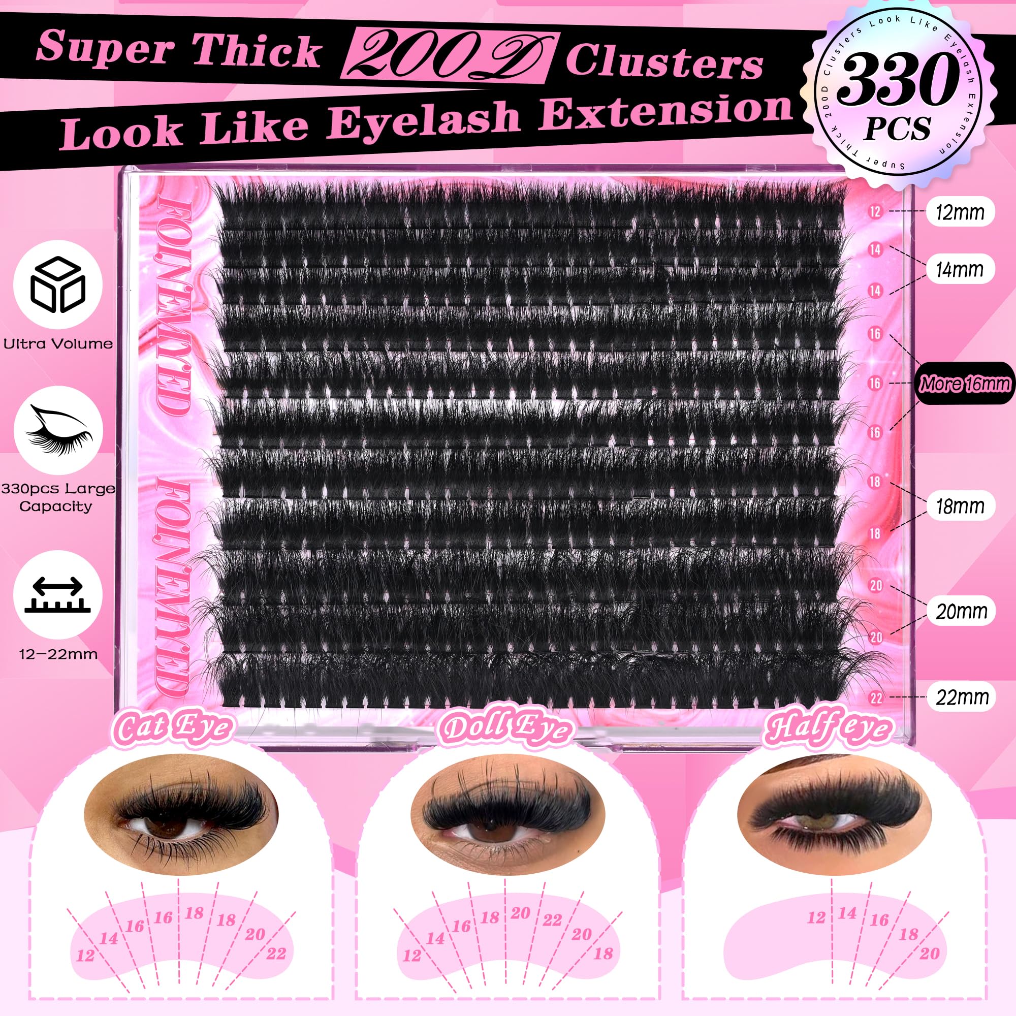 FOINEMYED Lash Clusters Kit 330Pcs, 200D Mega Volume Lashes, 12-22mm, DIY Lash Extensions