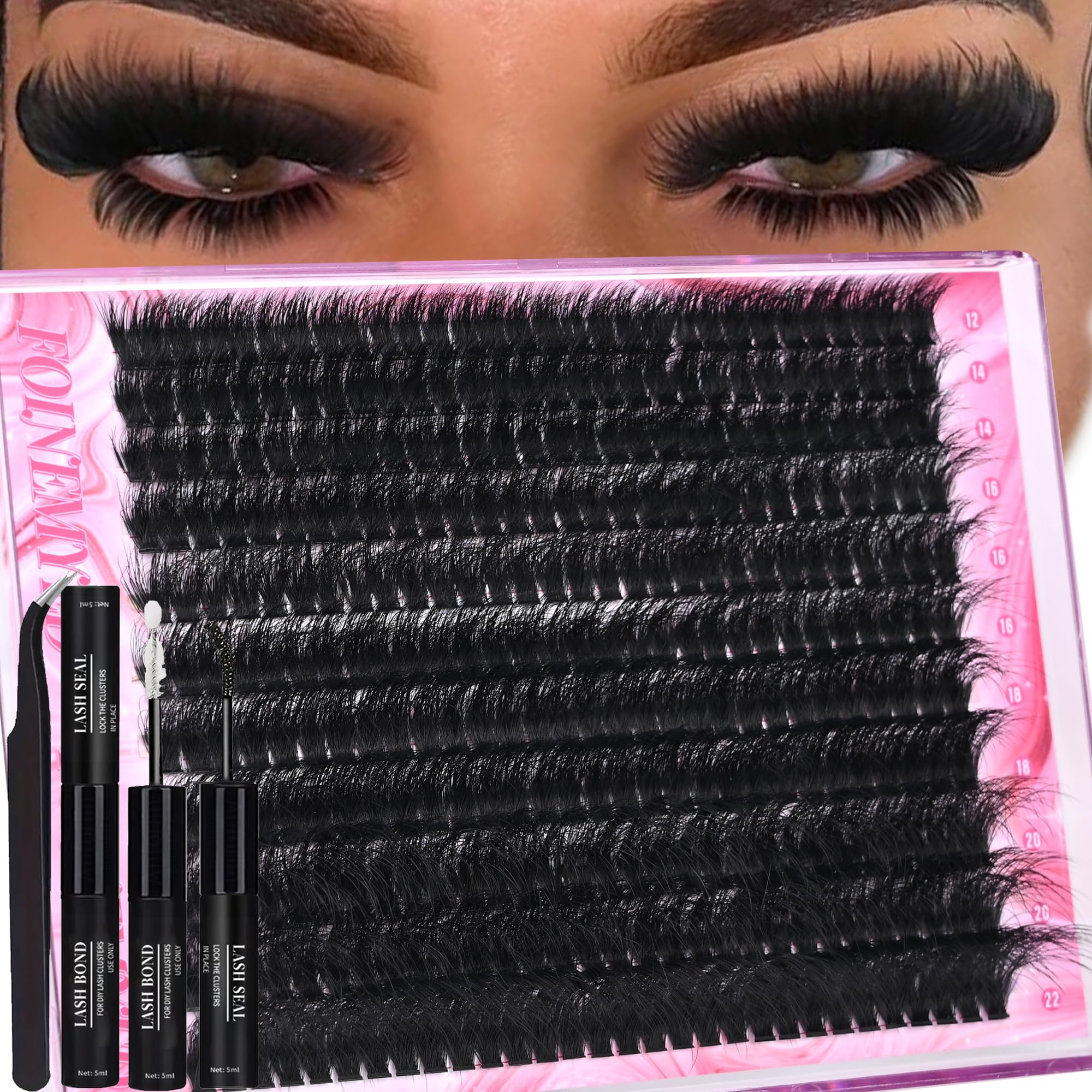 FOINEMYED Lash Clusters Kit 330Pcs, 200D Mega Volume Lashes, 12-22mm, DIY Lash Extensions