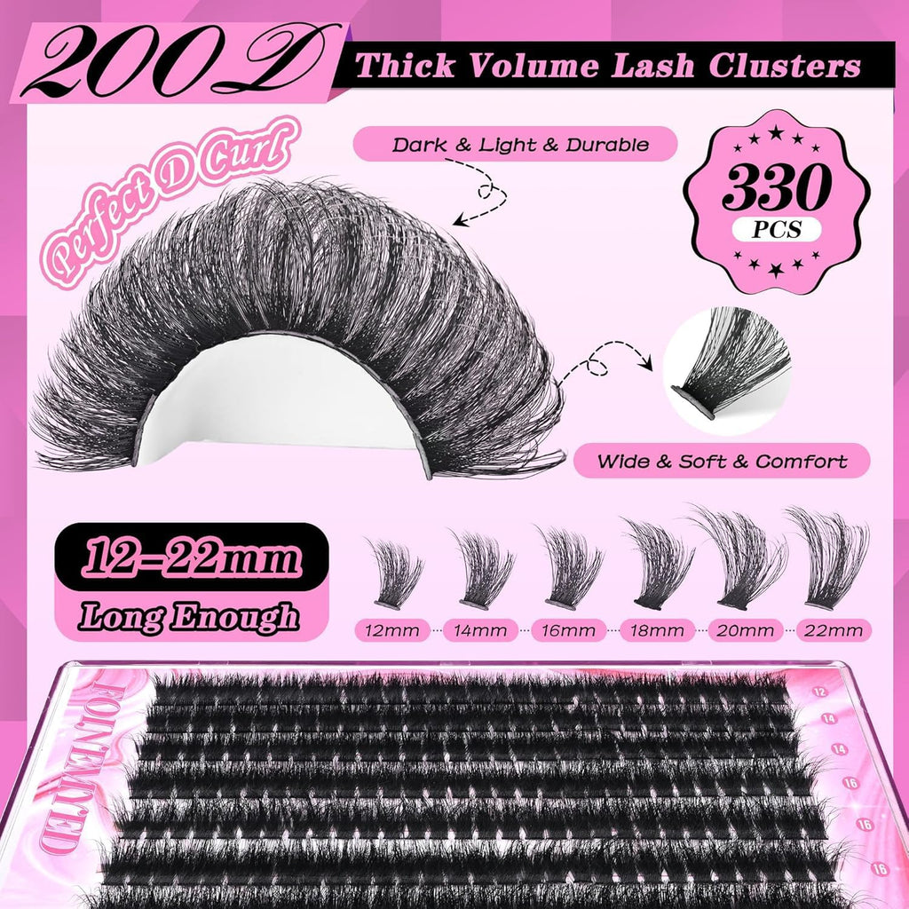 FOINEMYED Lash Clusters Kit 330Pcs, 200D Mega Volume Lashes, 12-22mm, DIY Lash Extensions