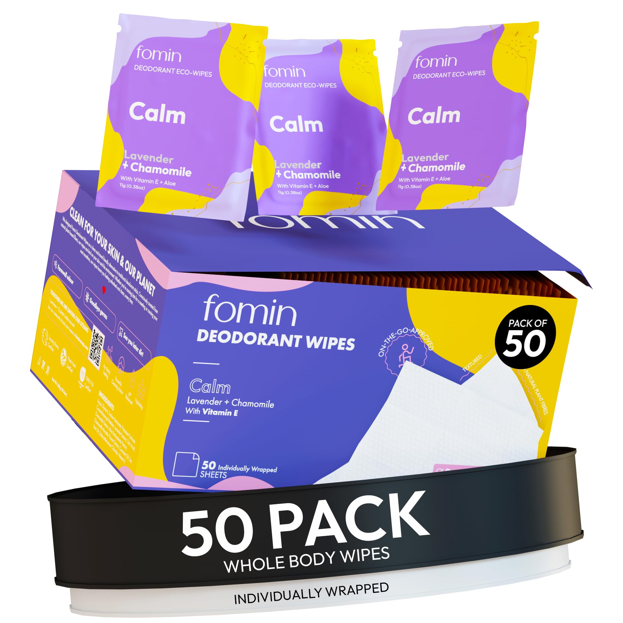 FOMIN Travel Deodorant Wipes – 50 Count, Calming Lavender & Chamomile, Plastic-Free