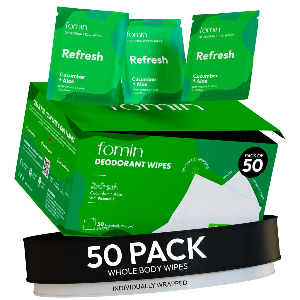 FOMIN Travel Deodorant Wipes – 50 Count | Cucumber & Aloe, pH Balanced, Hypoallergenic, Plastic-Free