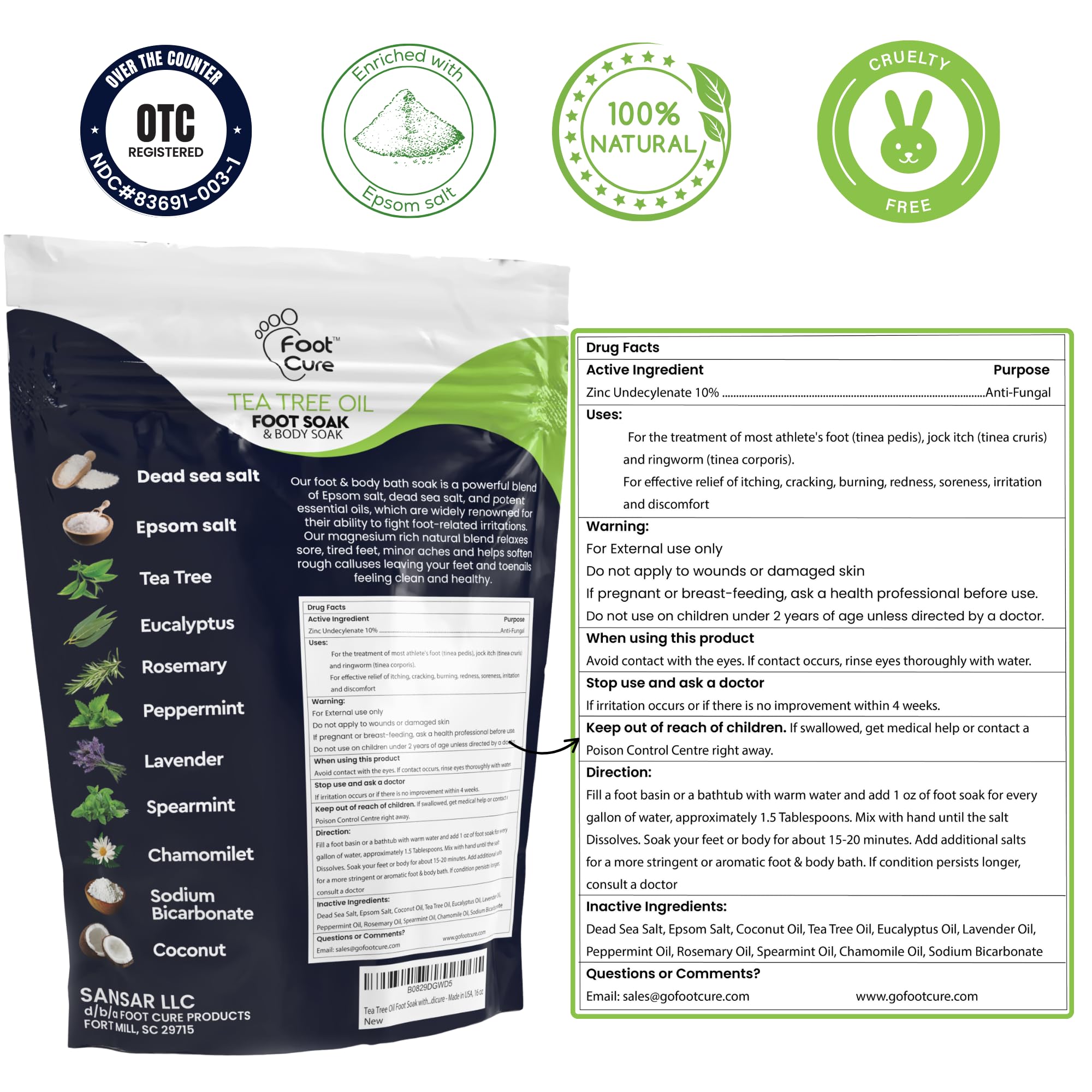 FOOT CURE Premium Epsom Salt Foot Soak with Tea Tree Oil — Pack of 4