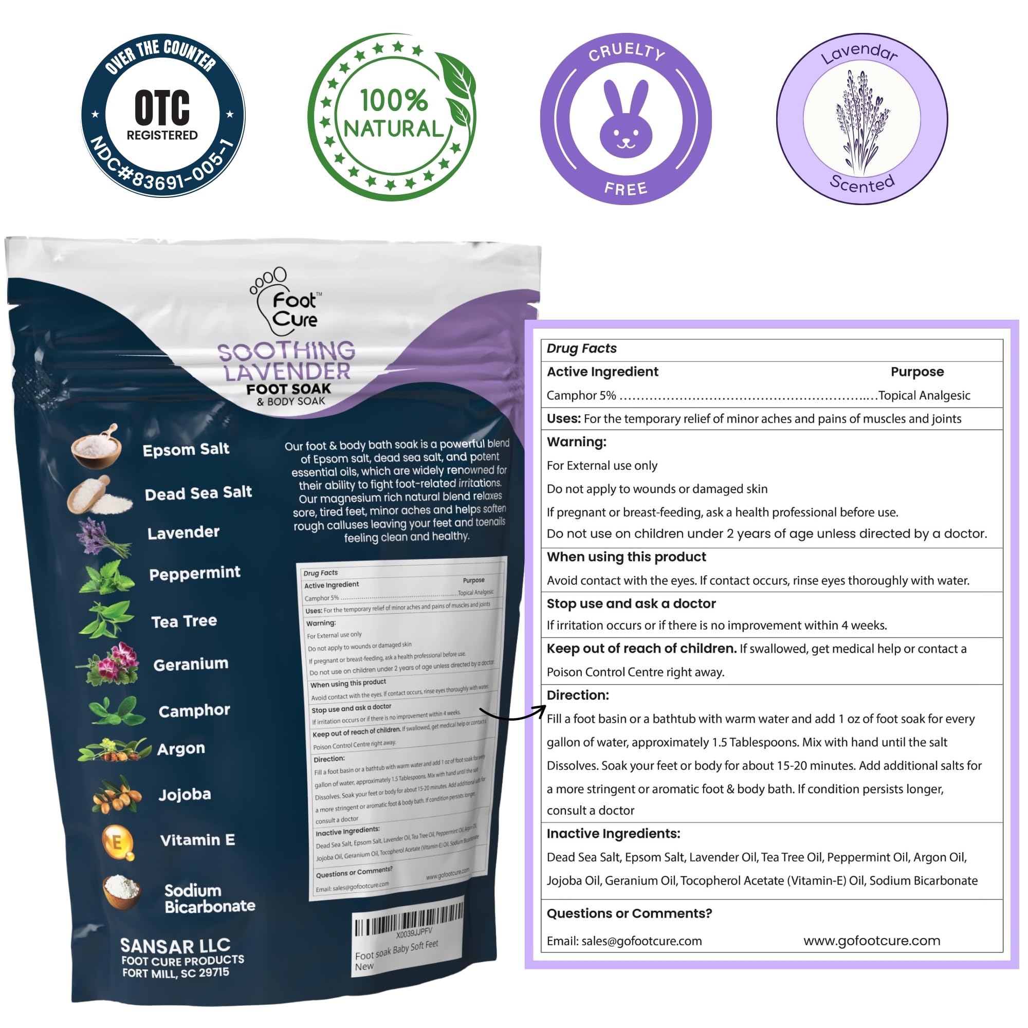 FOOT CURE Tea Tree Oil & Soothing Lavender Foot Soak with Epsom Salt – 16 oz Pack of 2 for Spa Pedicure & Softened Calluses