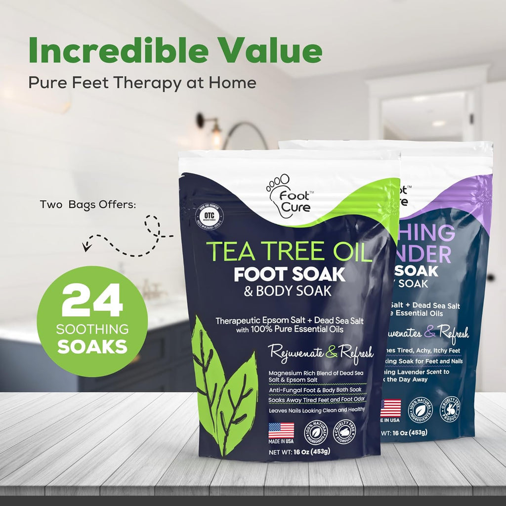 FOOT CURE Tea Tree Oil & Soothing Lavender Foot Soak with Epsom Salt – 16 oz Pack of 2 for Spa Pedicure & Softened Calluses