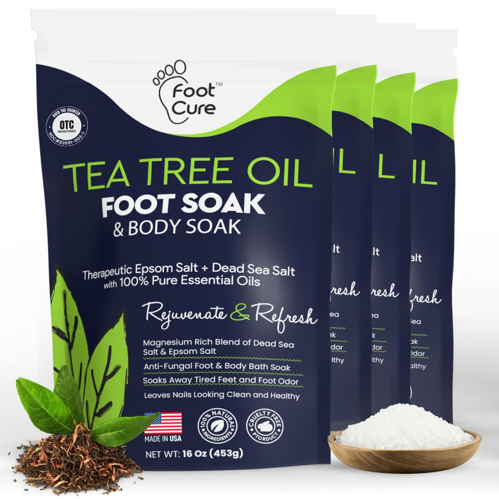 FOOT CURE Tea Tree Oil Foot Soak with Epsom Salts – Pack of 4 for Foot Comfort, Odor & Calluses