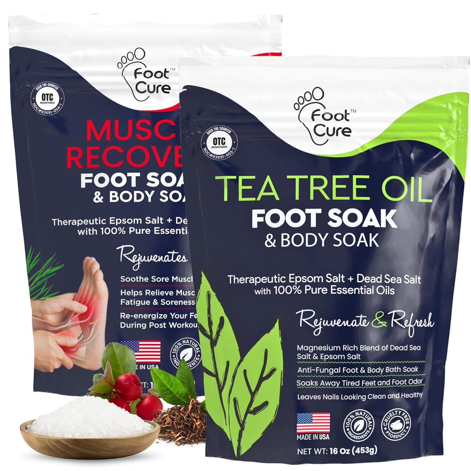 FOOT CURE Tea Tree Oil & Muscle Foot Soak with Epsom Salts – All-Natural Foot Care (Pack of 2)