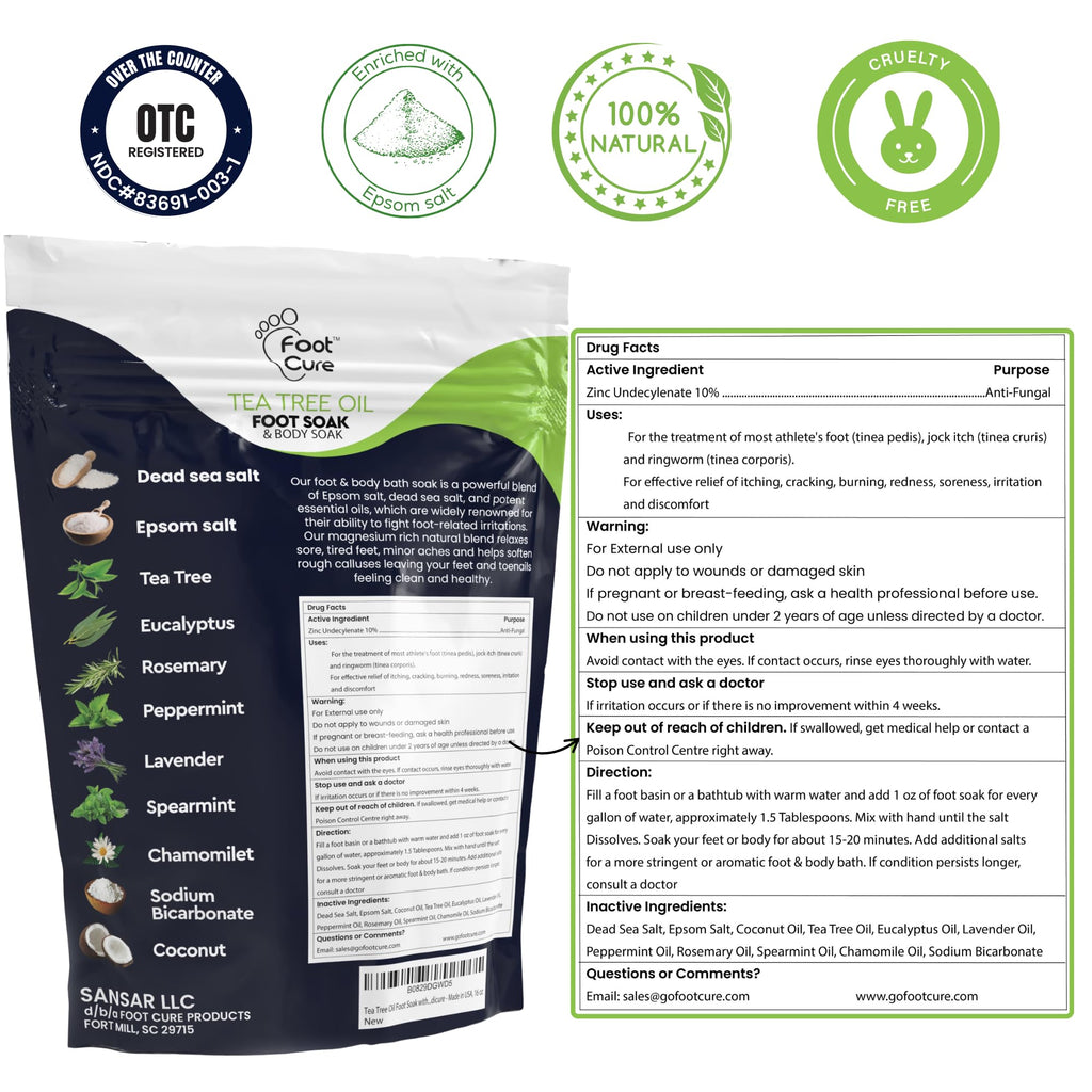 FOOT CURE Tea Tree Oil Foot Soak with Epsom Salts – Pack of 4 for Foot Comfort, Odor & Calluses