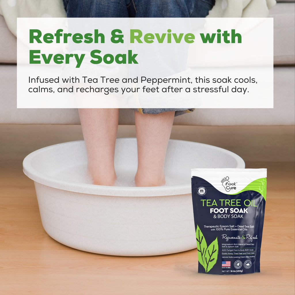 FOOT CURE Tea Tree Oil Foot Soak with Epsom Salts – Pack of 4 for Foot Comfort, Odor & Calluses