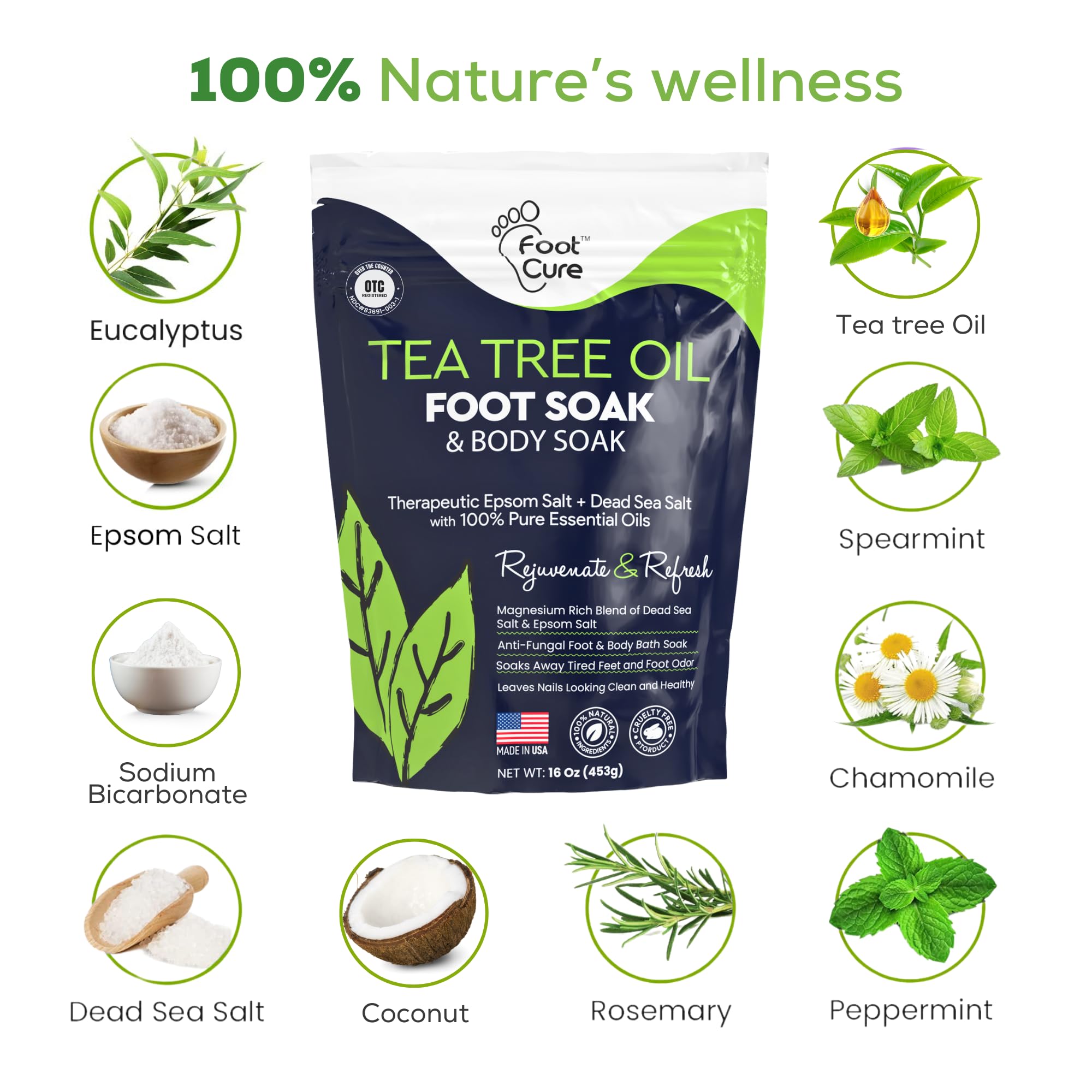 FOOT CURE Tea Tree Oil Foot Soak with Epsom Salts – Pack of 4 for Foot Comfort, Odor & Calluses