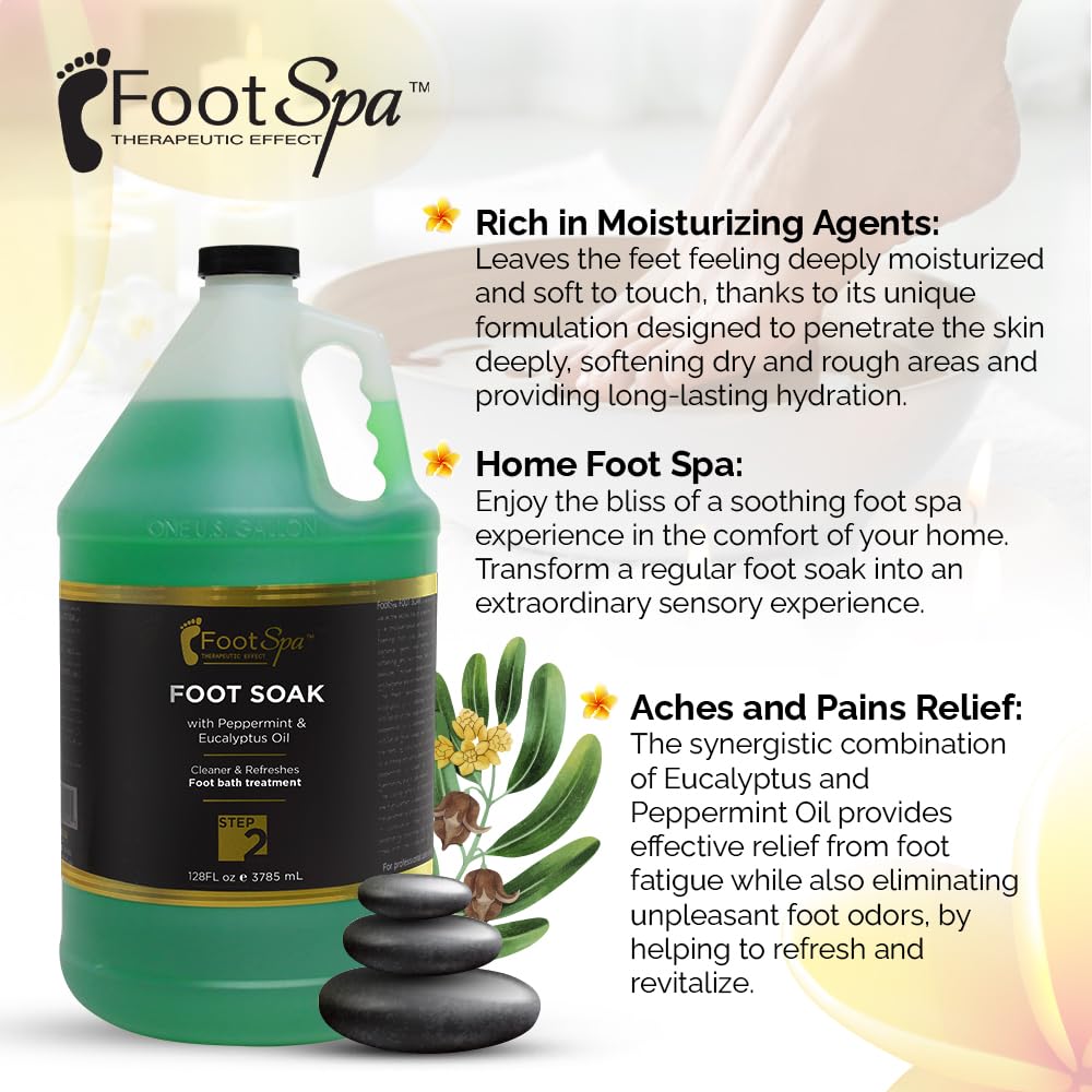 FootSpa Foot Soak – Cleanse, Soften & Refresh Feet with Eucalyptus & Peppermint Oil | 128 oz Gallon