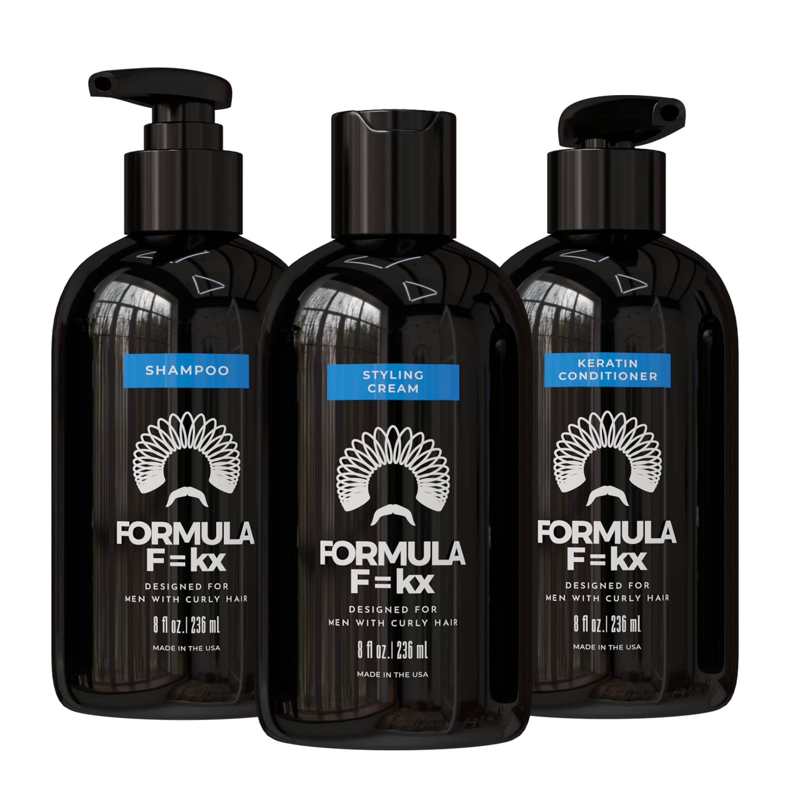 FormulaF=KX Curly & Kinky Hair Care System for Men | Hydrating Shampoo, Conditioner & Curl Cream | Sulfate Free, Ocean Scent, 8oz Each