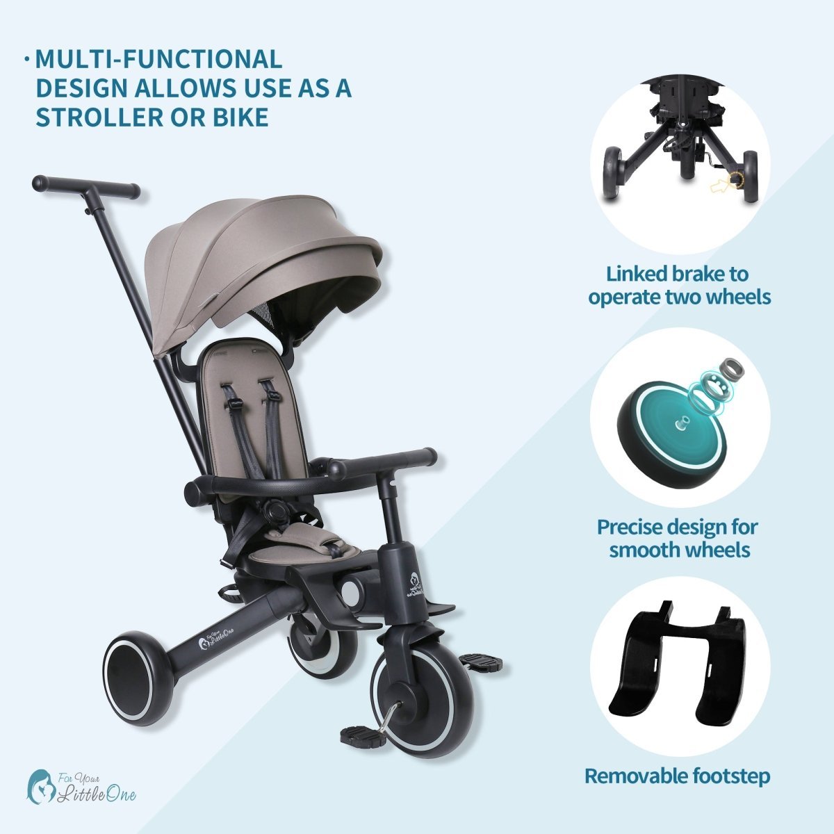 Foryourlittleone Xplor Plus 6 in 1 Foldable Trike - Grey Olive (10m-4y)
