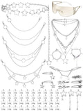 Fourluoo 60 Pcs Y2K Accessories Set — Gradient Silver & Silver | Chokers, Bracelets, Sunglasses, Hair Clips