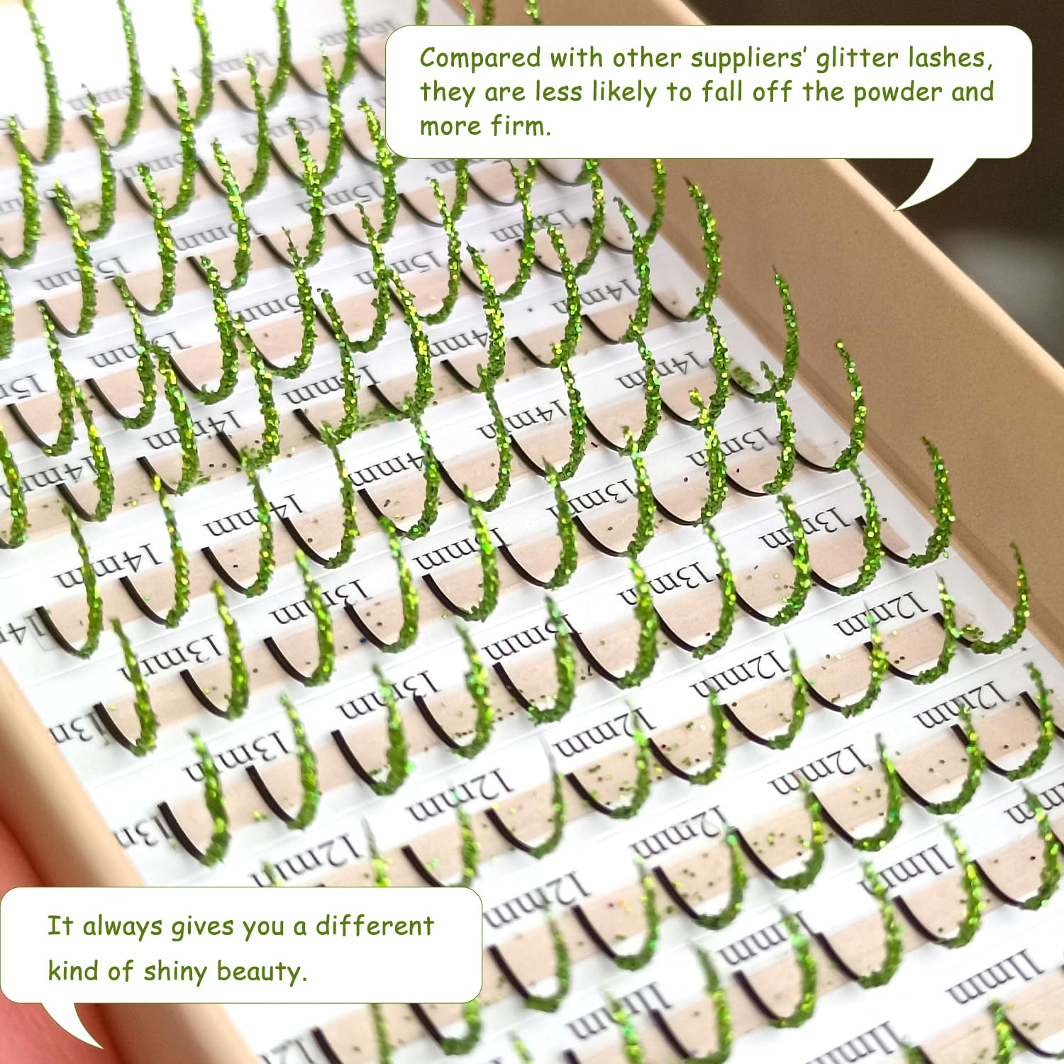 FQNing Glitter Eyelash Extensions - Light Green Sparkle, 11-16mm, 0.20D, D Curl
