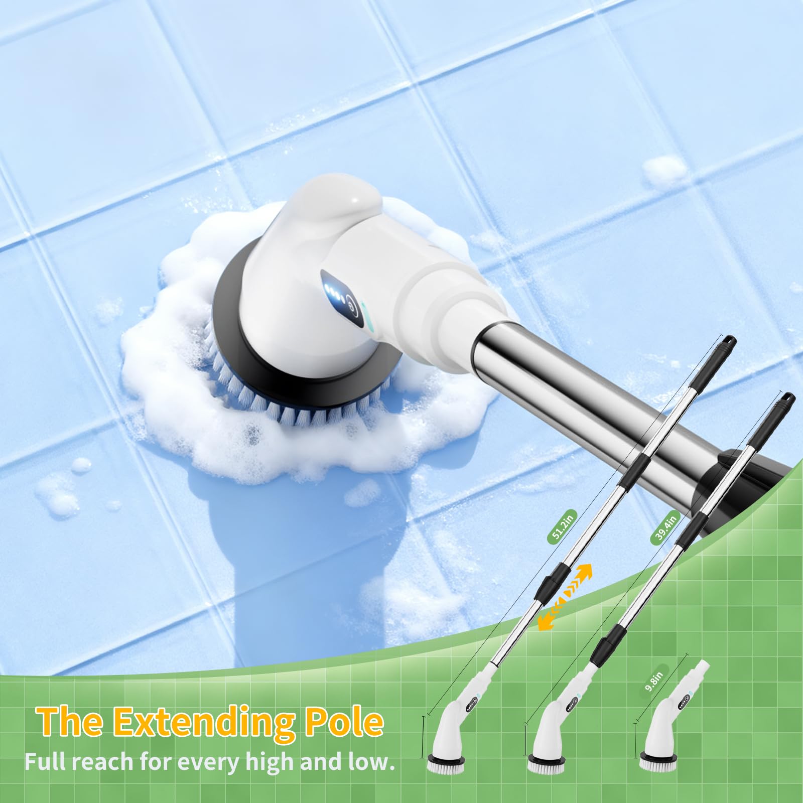 Francy Home Electric Spin Scrubber – 8 Heads, 51.2in Extendable Pole, 90 Min Runtime, Type B