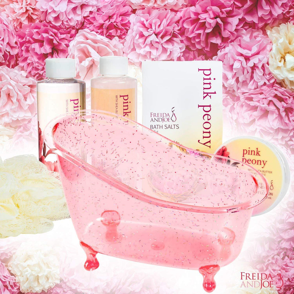 Freida and Joe Home Spa Peony Gift Basket – Valentines Set with Shower Gel, Bubble Bath, Body Lotion & Bath Salt
