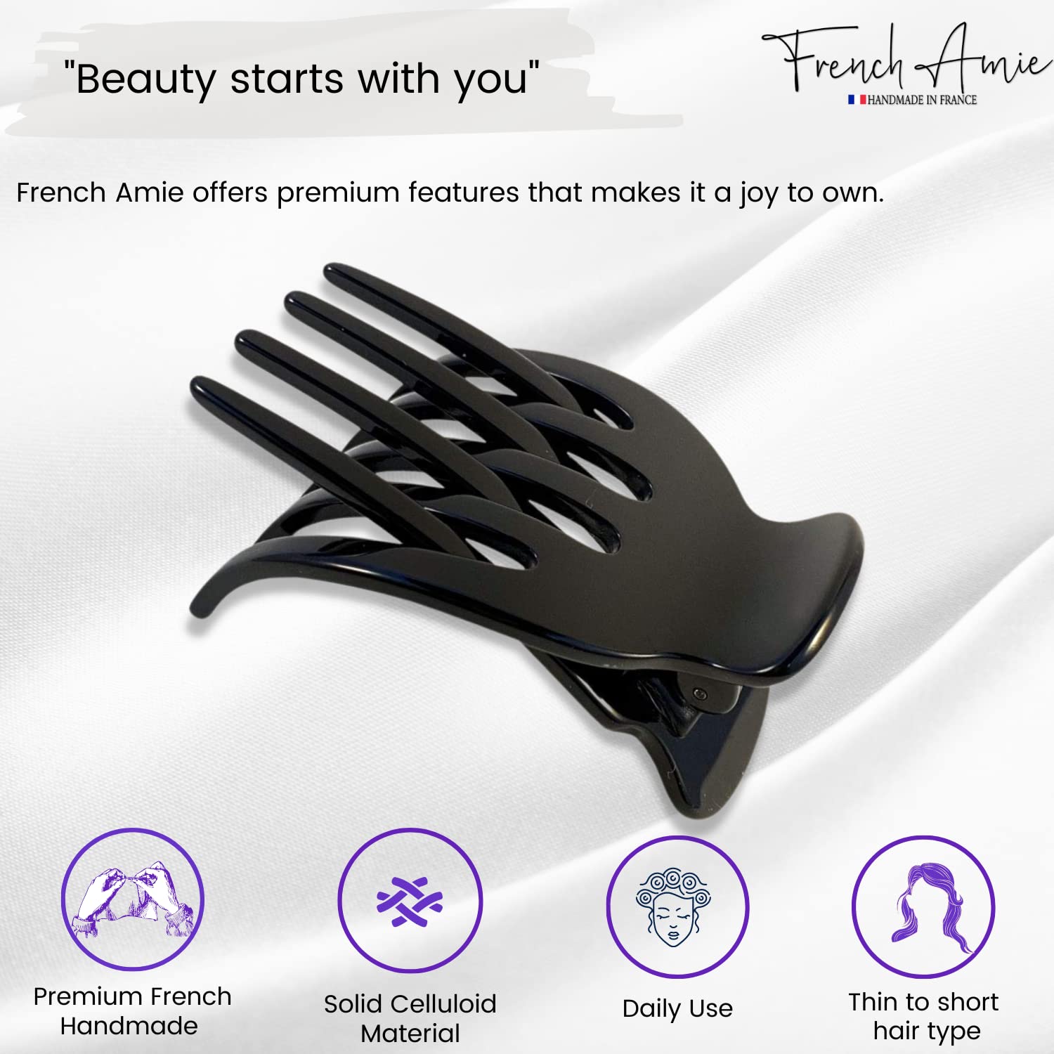 French Amie Bear Paw Black Small Hair Claw Clip – 2.75in Handmade Cellulose Acetate