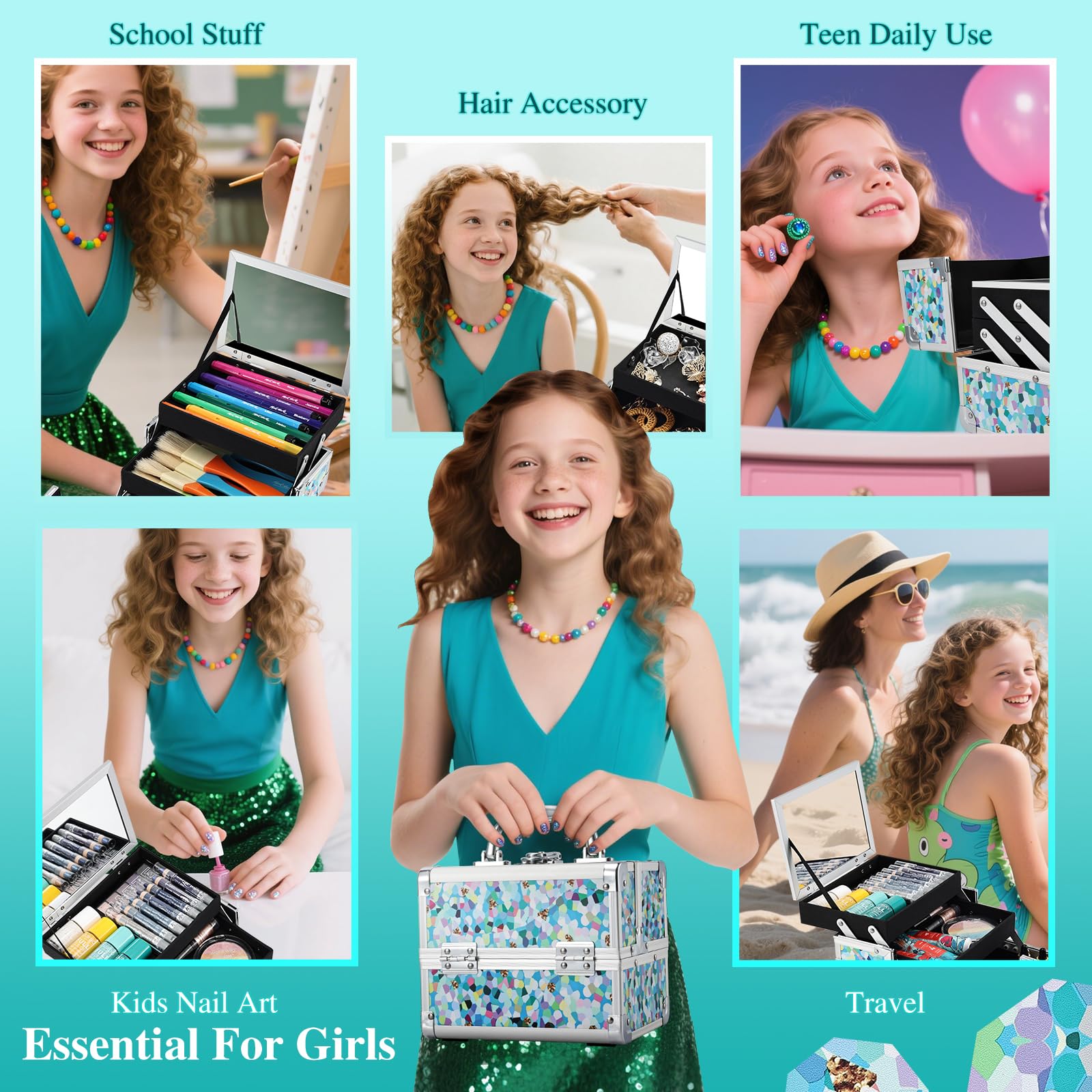 FRENESSA Mosaic Puzzle Train Case – Portable Kids Makeup Box with Mirror, Lockable Travel Cosmetic Organizer