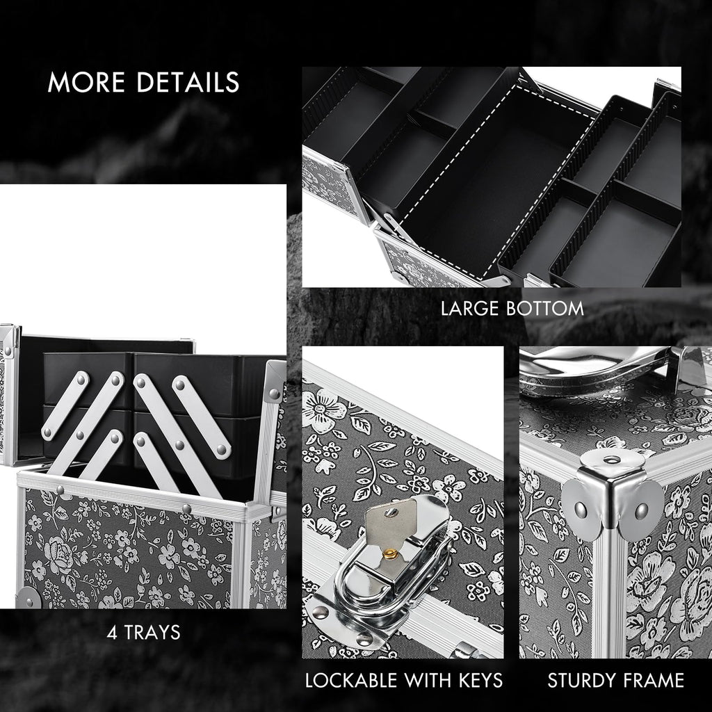 FRENESSA Silver Floral Makeup Case – 4-Tier Lockable Train Case for Travel & Home Organization