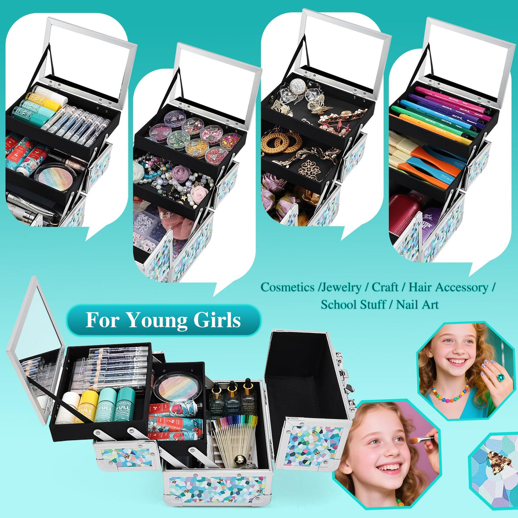 FRENESSA Mosaic Puzzle Train Case – Portable Kids Makeup Box with Mirror, Lockable Travel Cosmetic Organizer