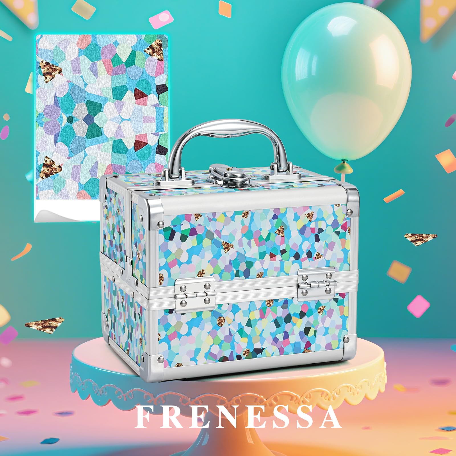 FRENESSA Mosaic Puzzle Train Case – Portable Kids Makeup Box with Mirror, Lockable Travel Cosmetic Organizer