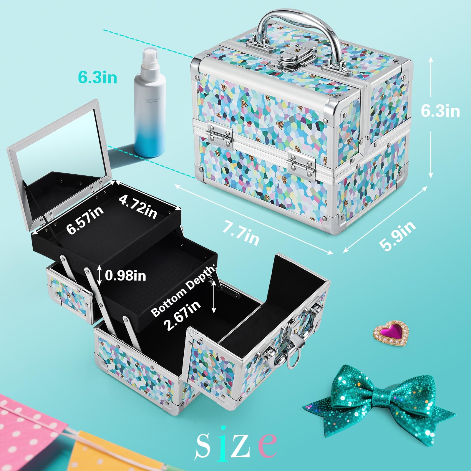 FRENESSA Mosaic Puzzle Train Case – Portable Kids Makeup Box with Mirror, Lockable Travel Cosmetic Organizer