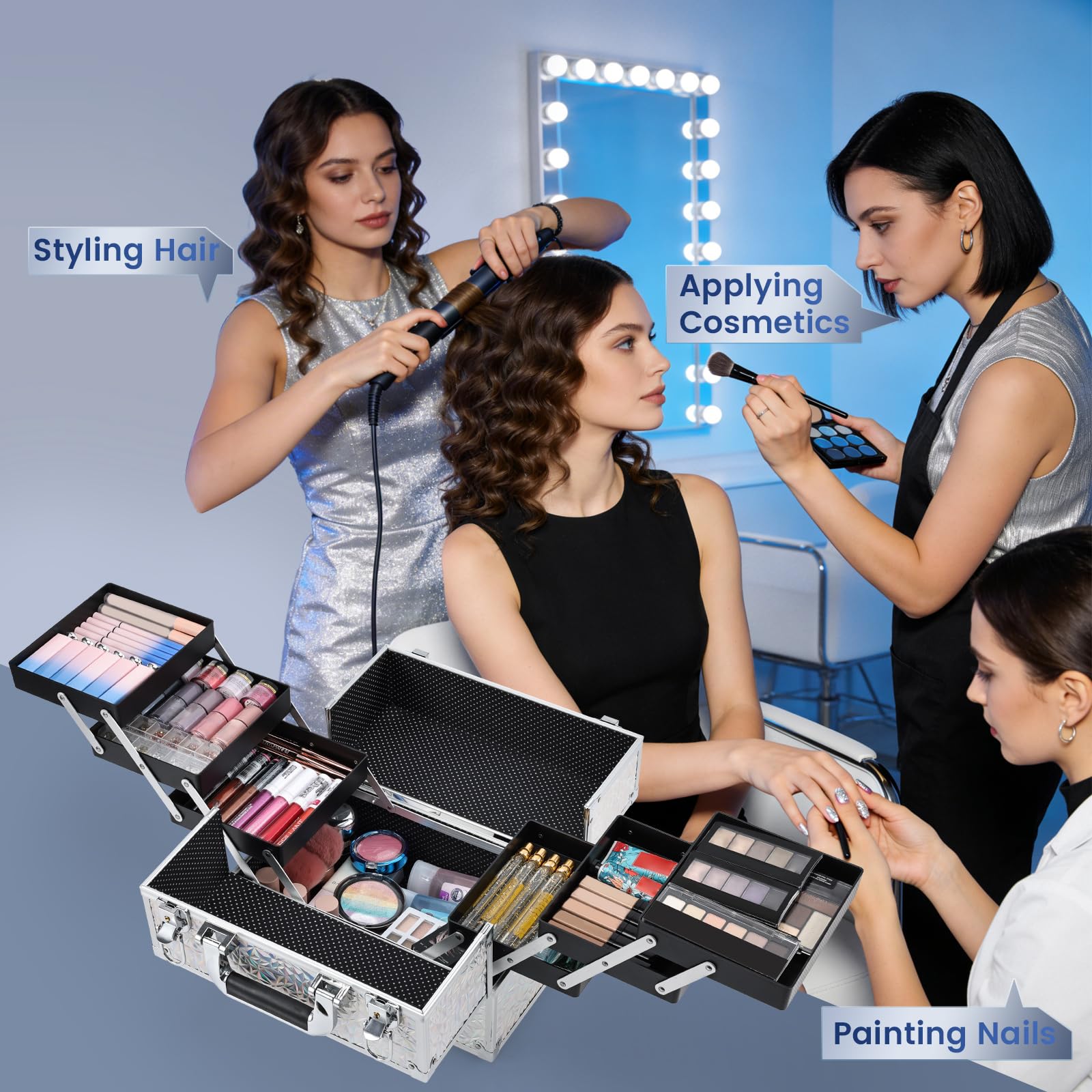FRENESSA 11.8-Inch Makeup Case with 6-Tray Cantilever – Glitter Silver Travel Train Case
