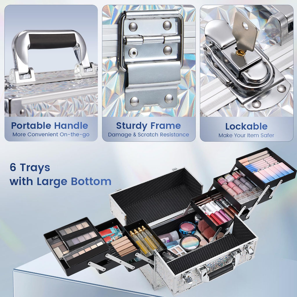 FRENESSA 11.8-Inch Makeup Case with 6-Tray Cantilever – Glitter Silver Travel Train Case