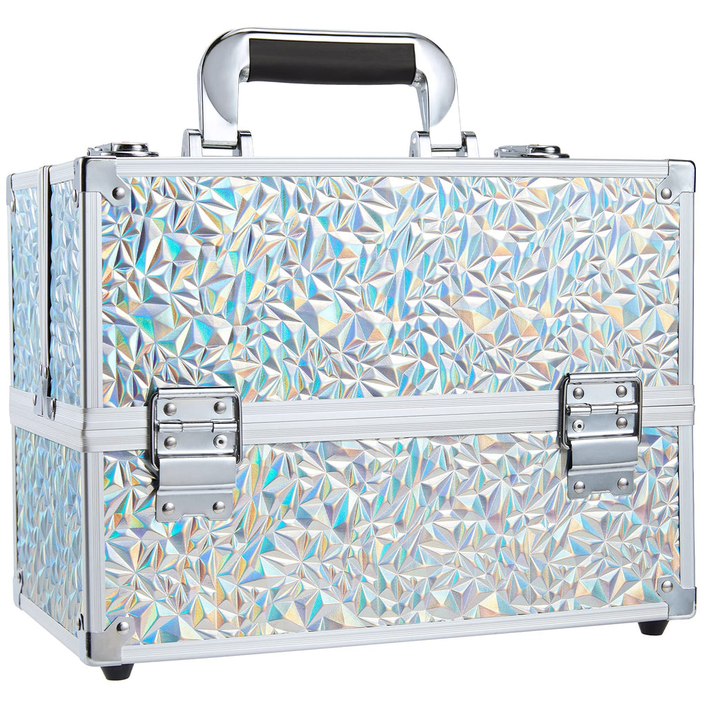 FRENESSA 11.8-Inch Makeup Case with 6-Tray Cantilever – Glitter Silver Travel Train Case