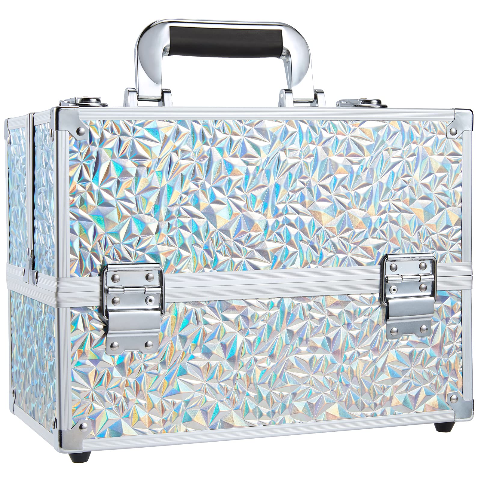 FRENESSA 11.8-Inch Makeup Case with 6-Tray Cantilever – Glitter Silver Travel Train Case