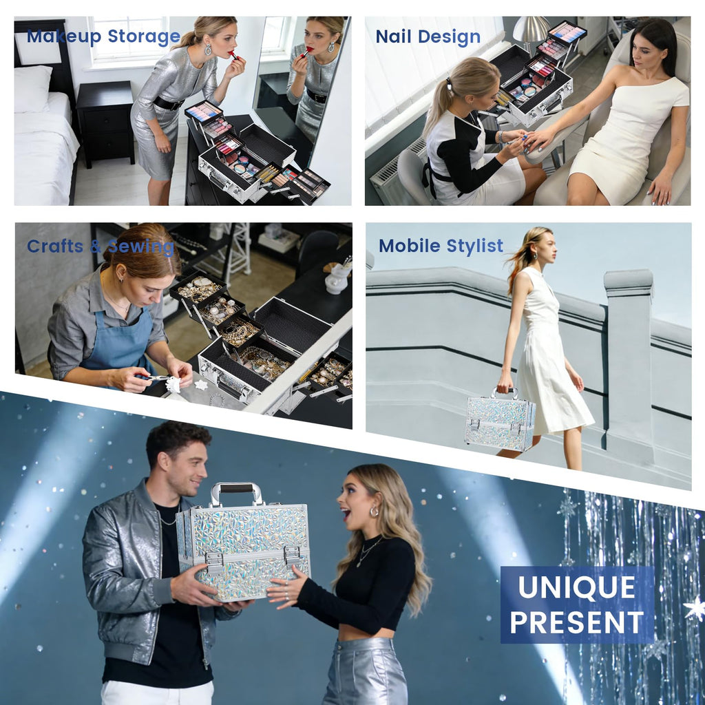FRENESSA 11.8-Inch Makeup Case with 6-Tray Cantilever – Glitter Silver Travel Train Case
