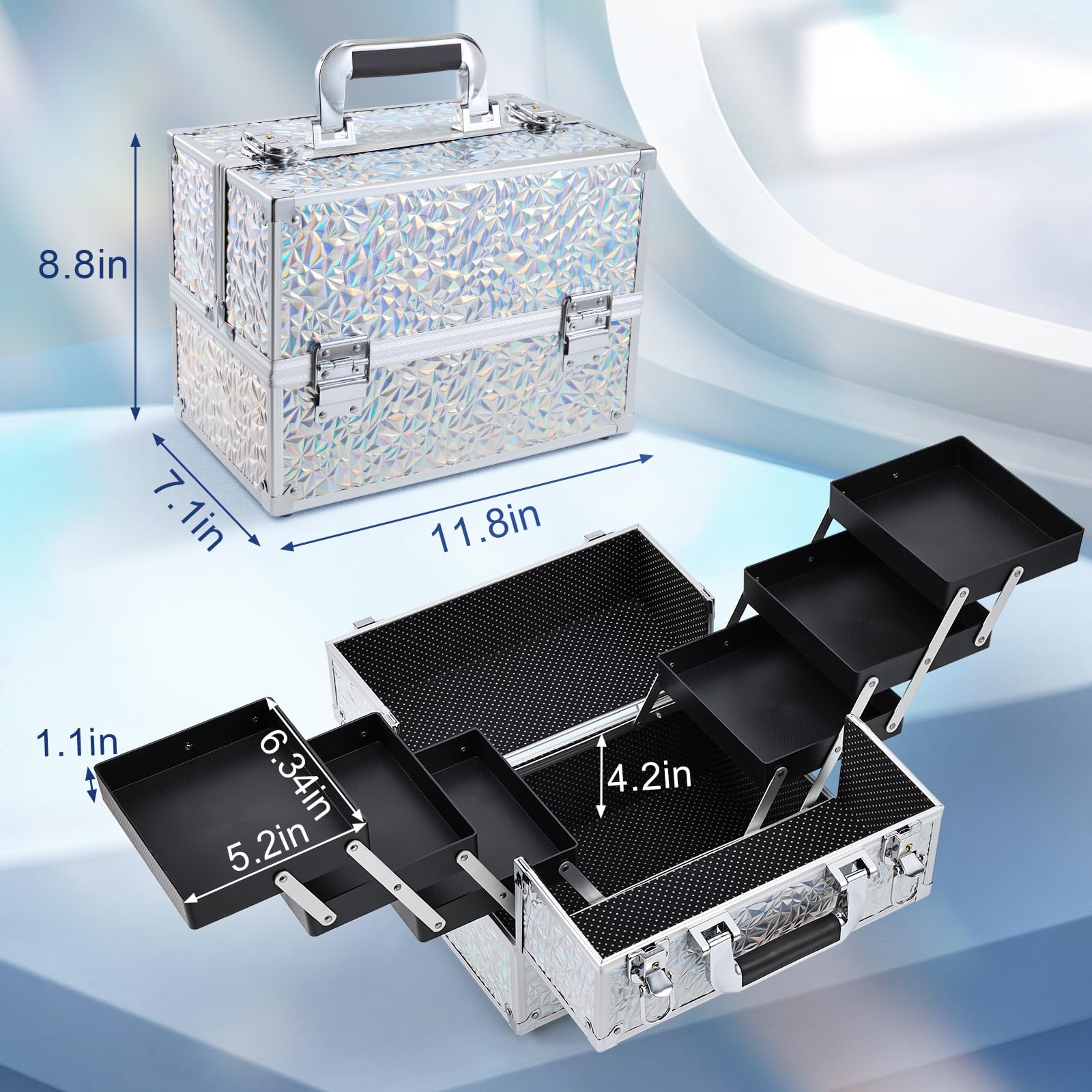 FRENESSA 11.8-Inch Makeup Case with 6-Tray Cantilever – Glitter Silver Travel Train Case
