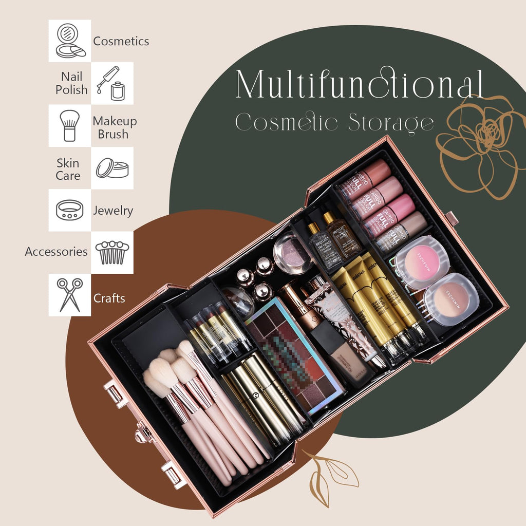 FRENESSA Rose Gold Floral Makeup Train Case – 4-Tier Portable Organizer with Lock