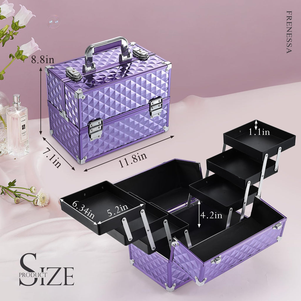 FRENESSA Makeup Train Case 12-Inch | Portable 6-Tier Cosmetic Organizer with Lockable Keys, Purple