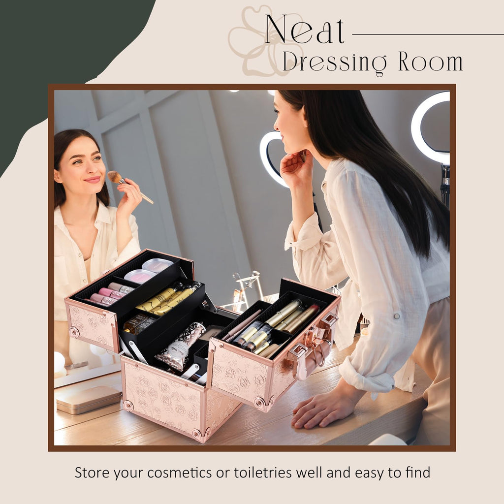FRENESSA Rose Gold Floral Makeup Train Case – 4-Tier Portable Organizer with Lock